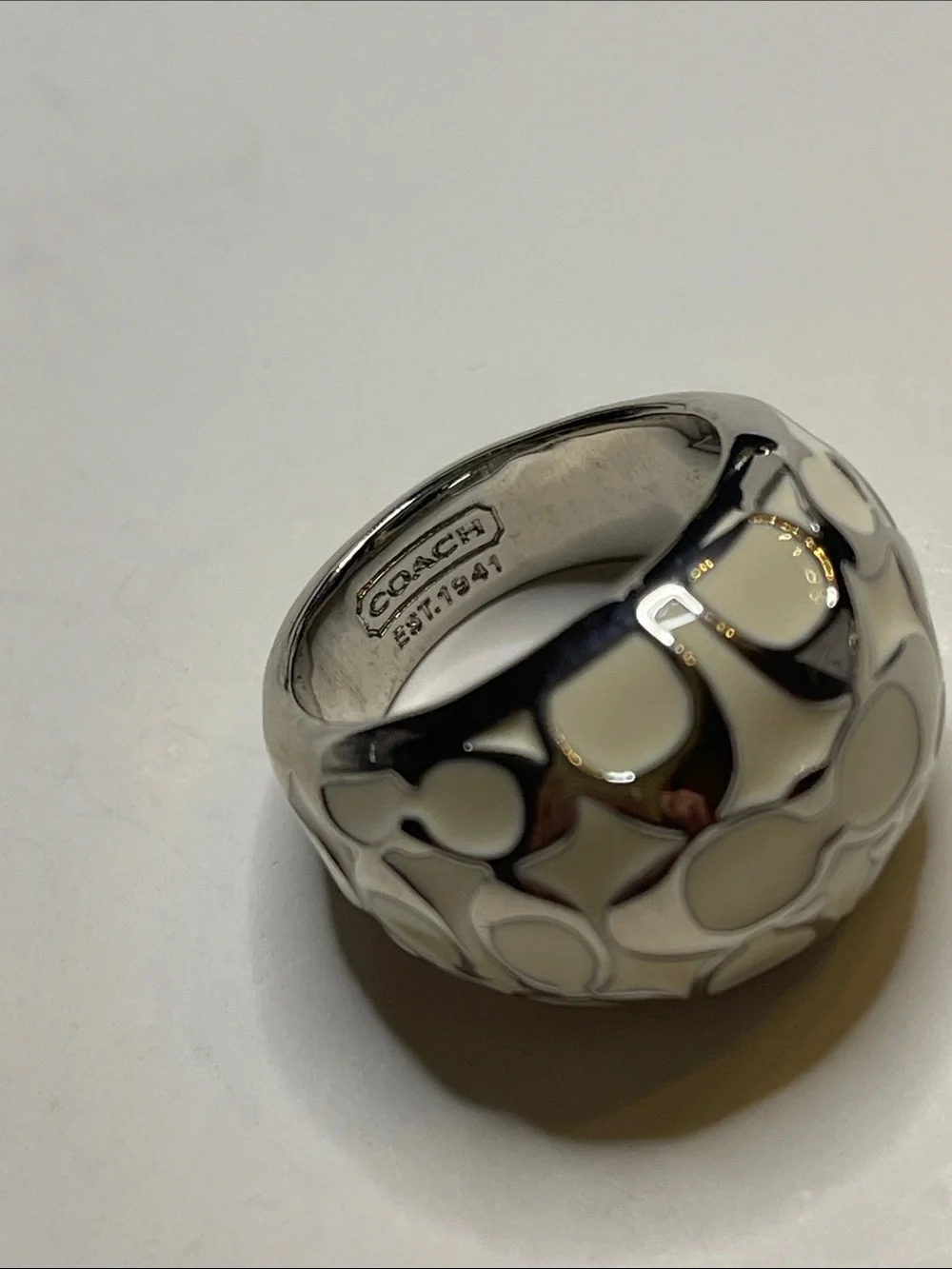 Coach Enamel C Pattern Statement Ring - White & Silver - Picture 4 of 6